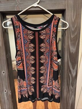 Vince Camuto Black Tank with Orange and Blue Paisley Panels